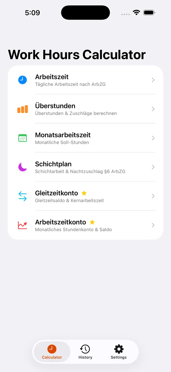 Arbeitszeit Rechner shift totals view