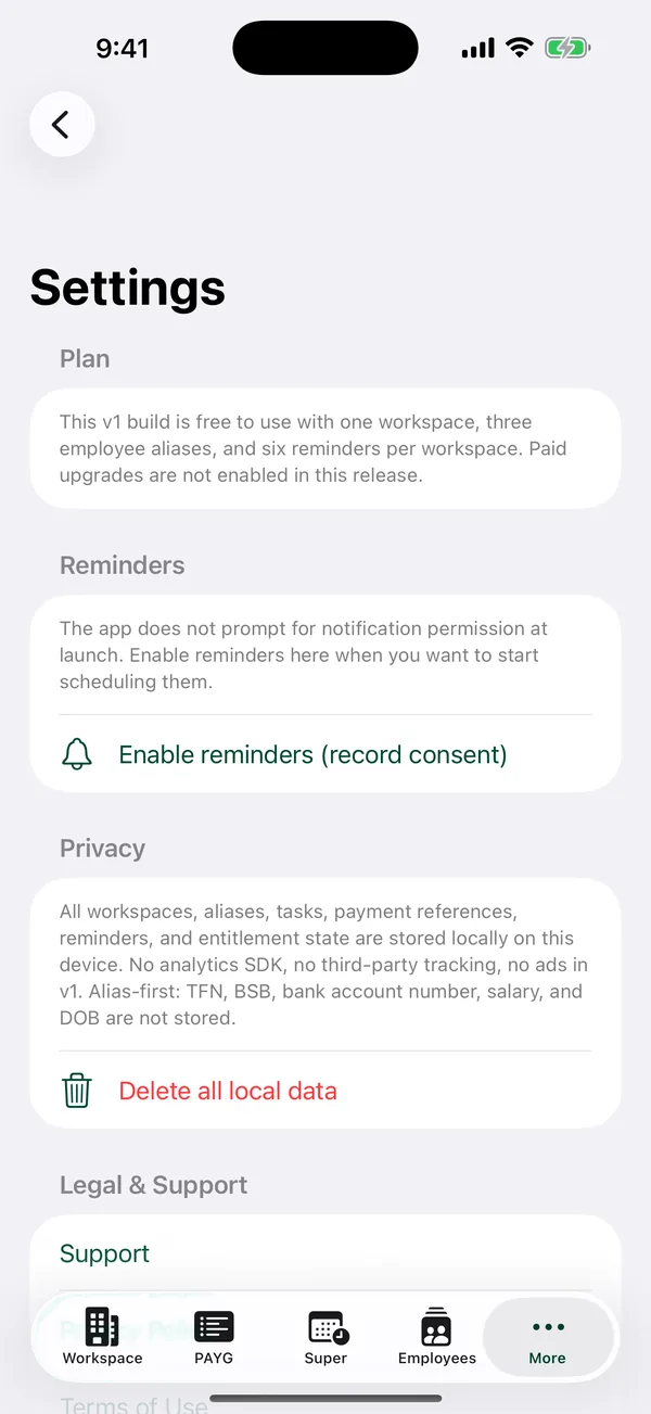 Payroll workspace with PAYG, BAS, STP, and super task templates