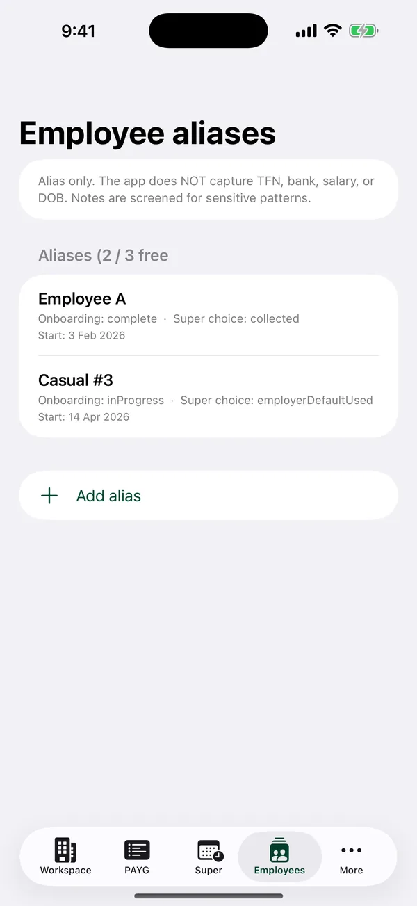 Plain-text advisor summary export with the ATO and Fair Work appendix