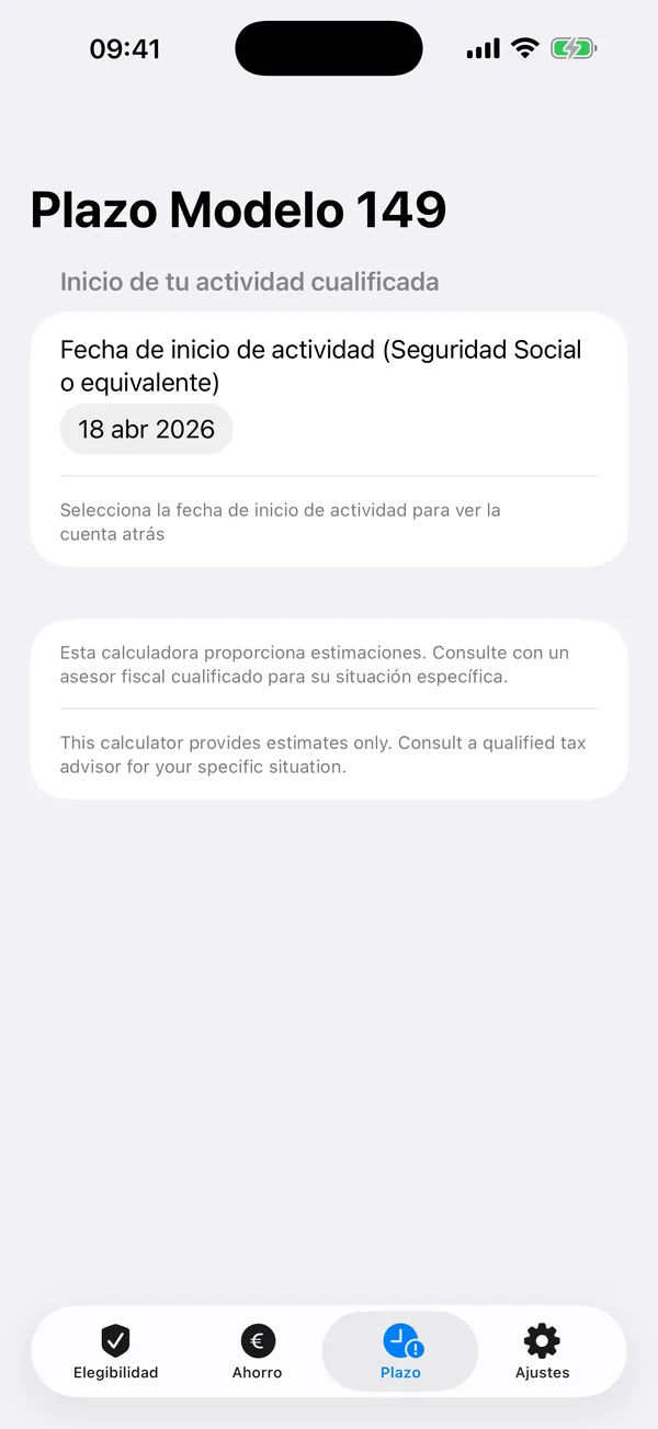 Modelo 149 six-month countdown with days remaining and urgency indicator