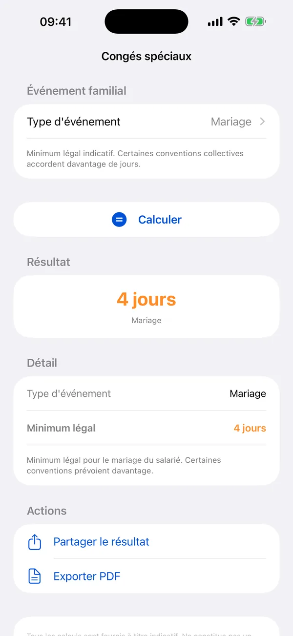 Calculateur Congés Payés showing days accrued over the reference period