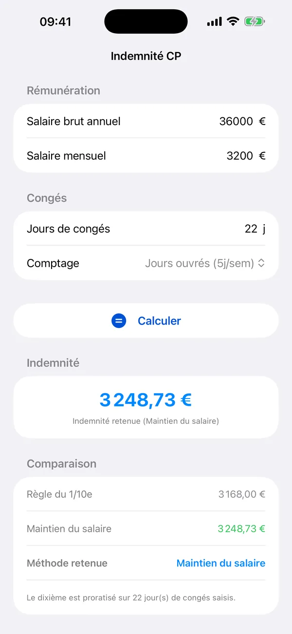 Indemnité CP comparison between the dixième rule and salary maintenance