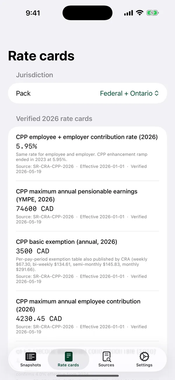 2026 payroll rate cards for Federal plus Ontario or Quebec