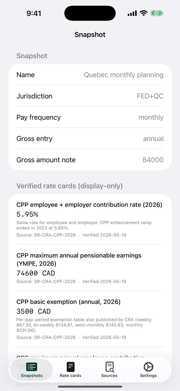 Saved planning snapshot stored locally on the device