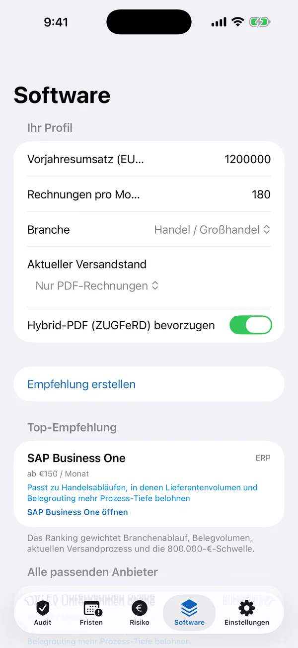Gap list with UStG and GoBD references and indicative fine estimate