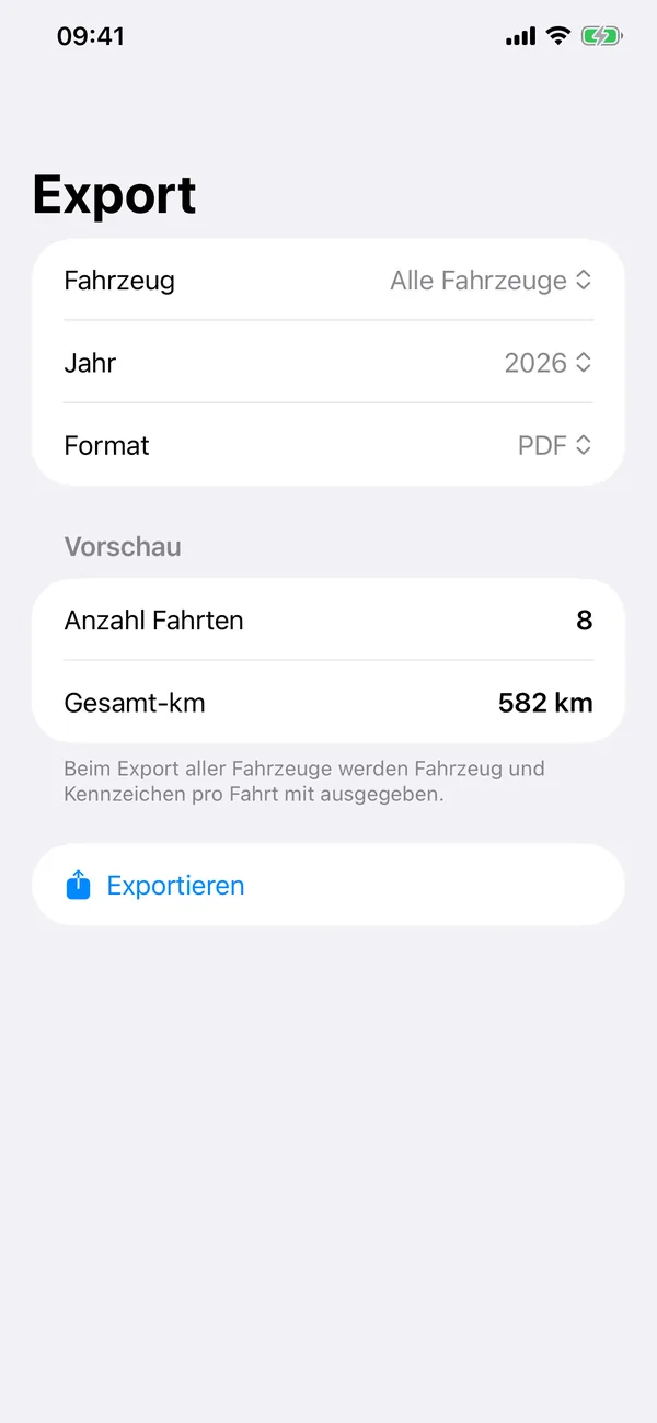 Trip entry screen with date, odometer readings, destination, and purpose