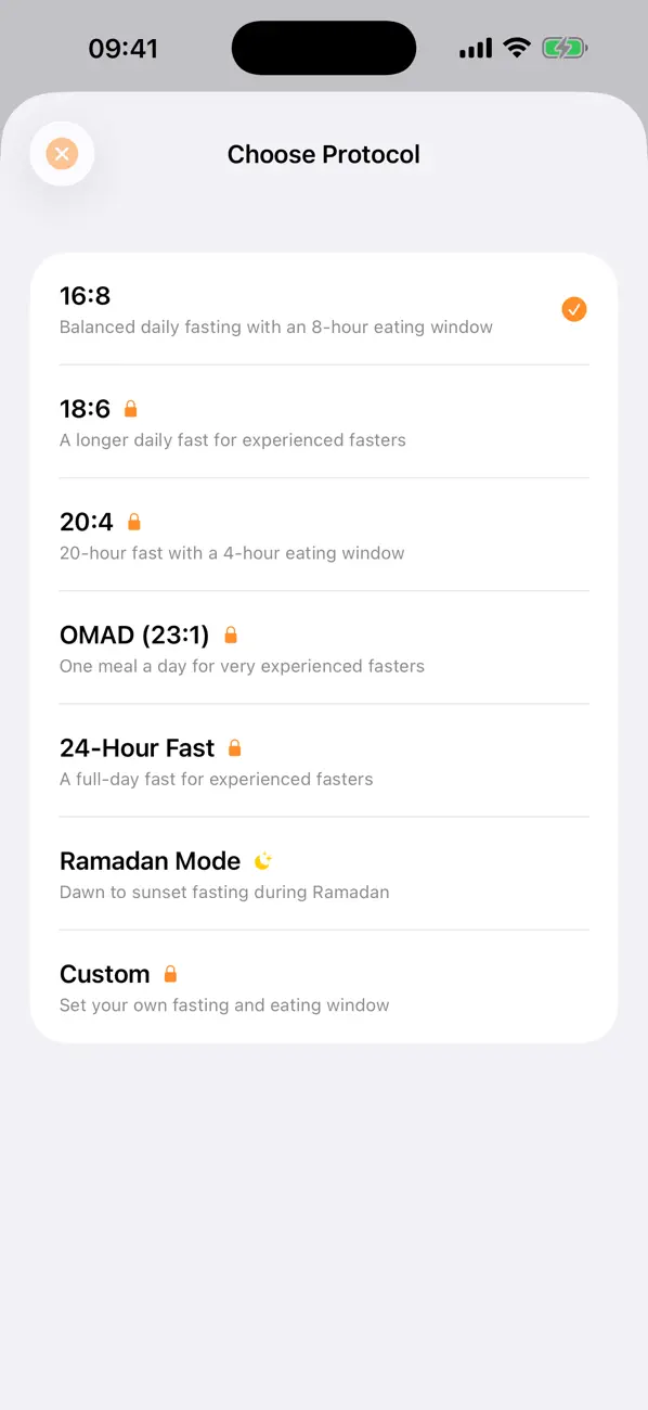 Fasting Tracker Pro routine selection screen