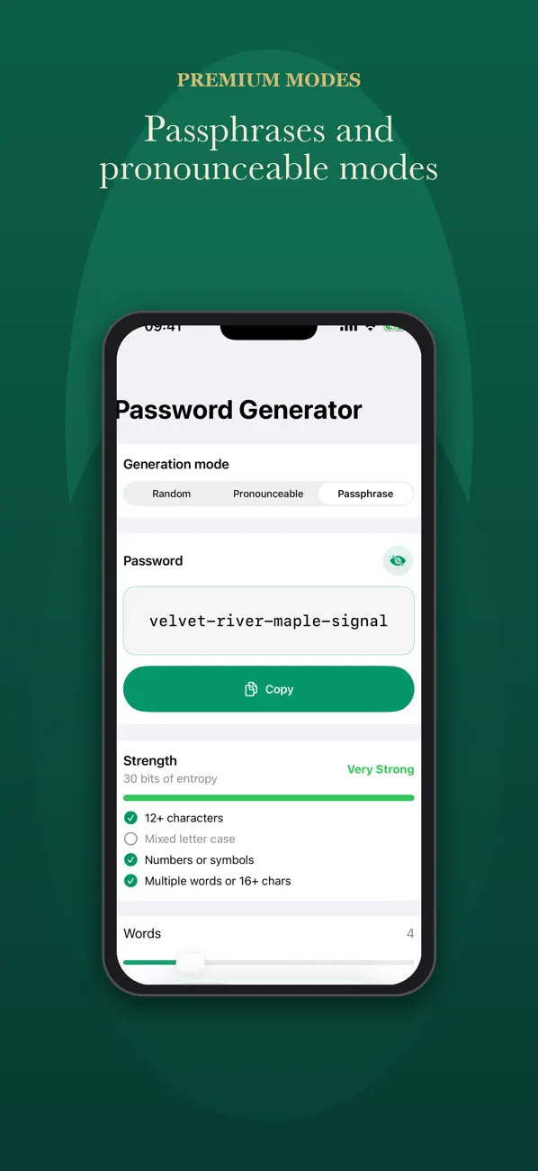 GeneratorLozinki passphrase generation screen