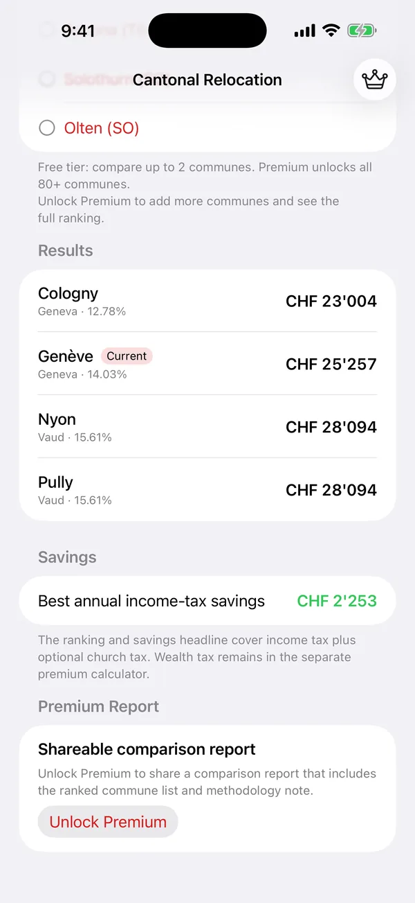 Swiss Tax Move anchor comparison between current commune and two alternatives