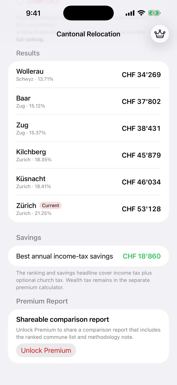 Swiss Tax Move wealth tax calculator and shareable comparison report