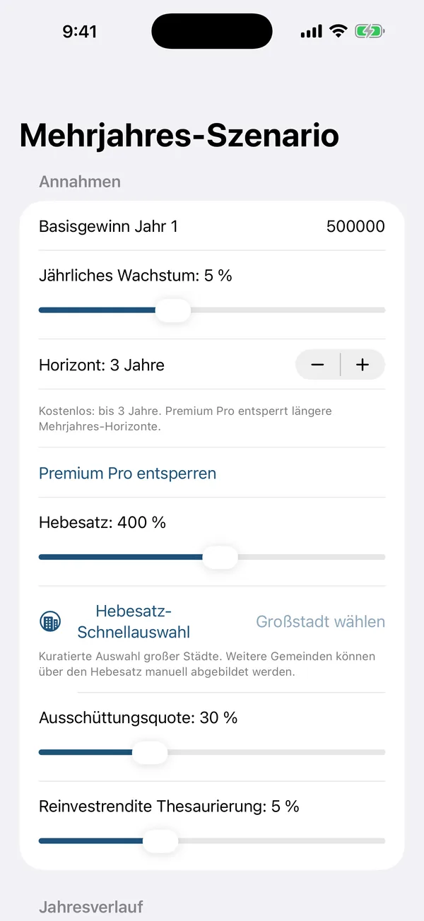 Input screen for profit, Hebesatz, distribution rate, and partner shares