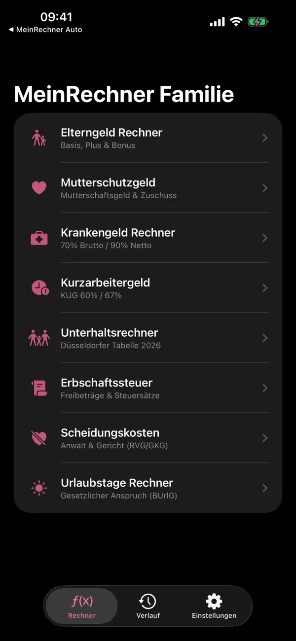 MeinRechner Family parental allowance screen