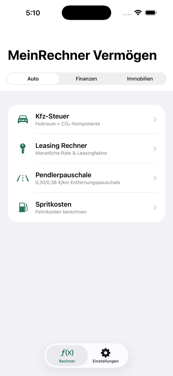 Calculator menu covering savings, loans, property, and vehicles