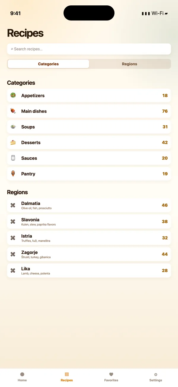 Browsing Croatian dishes by region and category