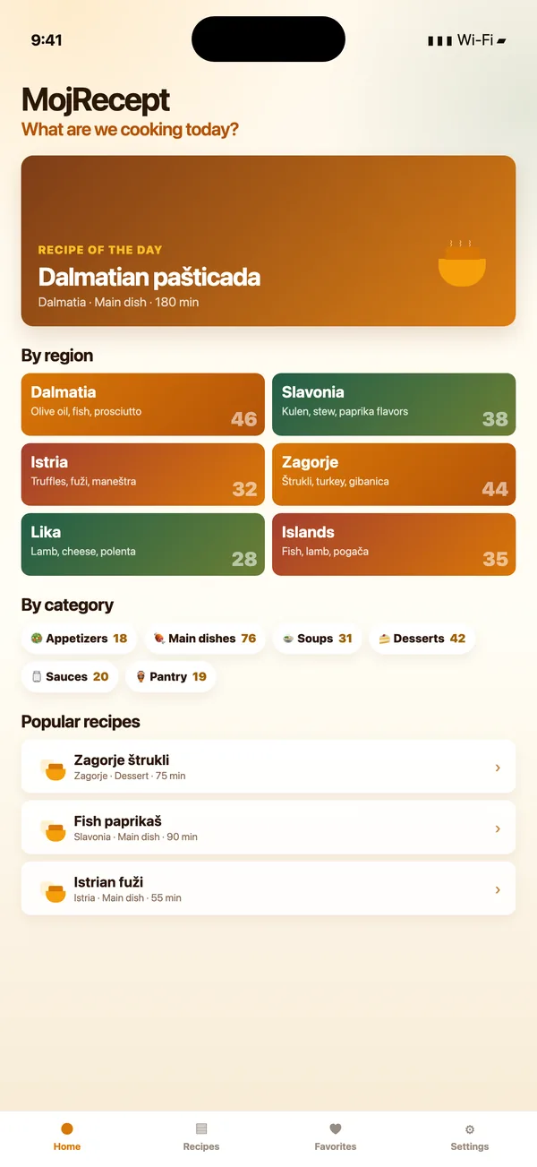 Recipe detail with ingredient list and serving adjustment