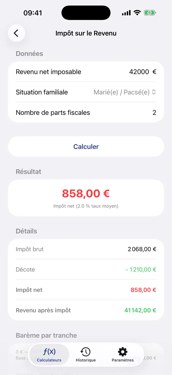 MonCalculateur Impot withholding and income view