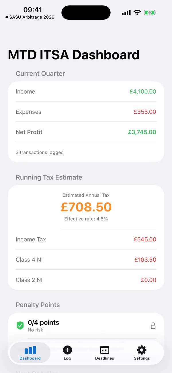 Quarterly income and expense log for a sole trader or landlord