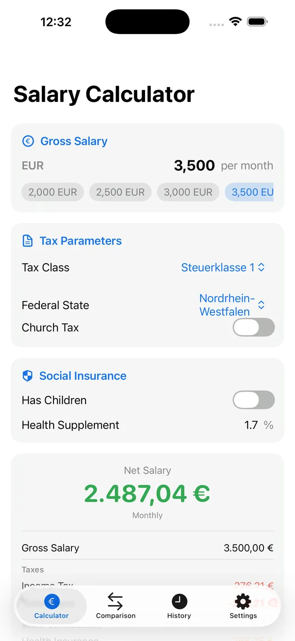 Gross salary entry with tax class selection
