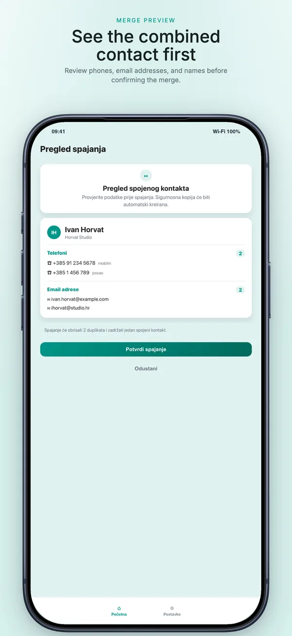 Merge preview showing the combined contact before changes