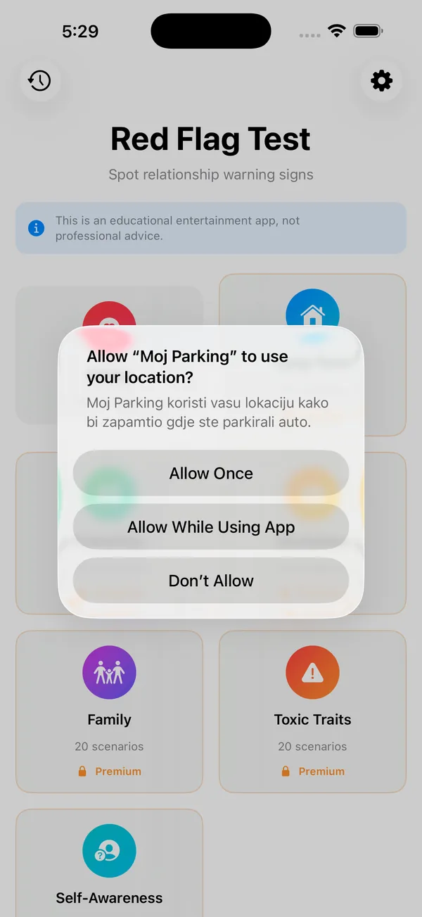 Swipeable card showing a fictional dating scenario