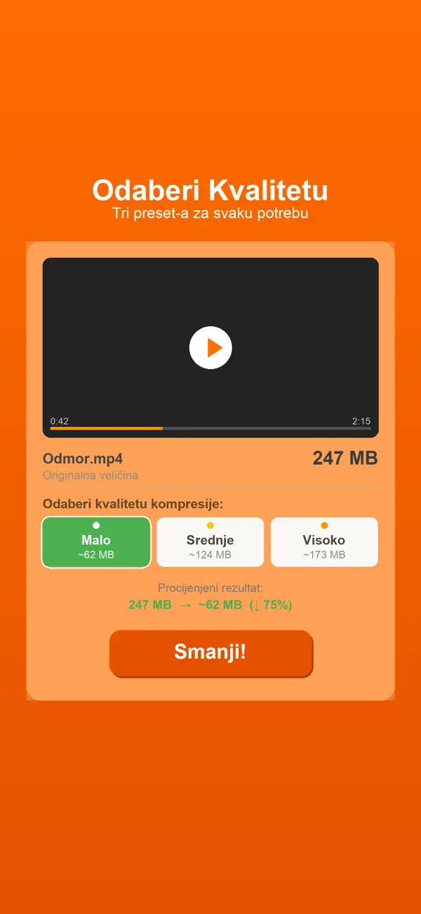 Smanji Video preset selection screen