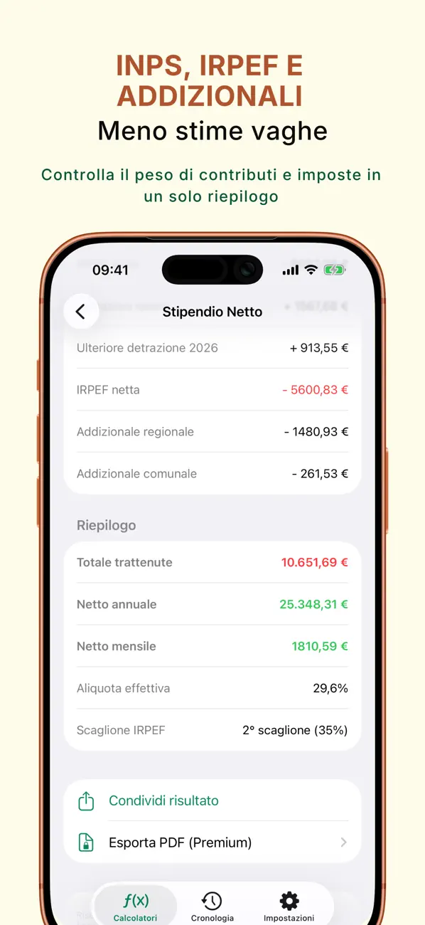 Stipendio Netto tax breakdown screen