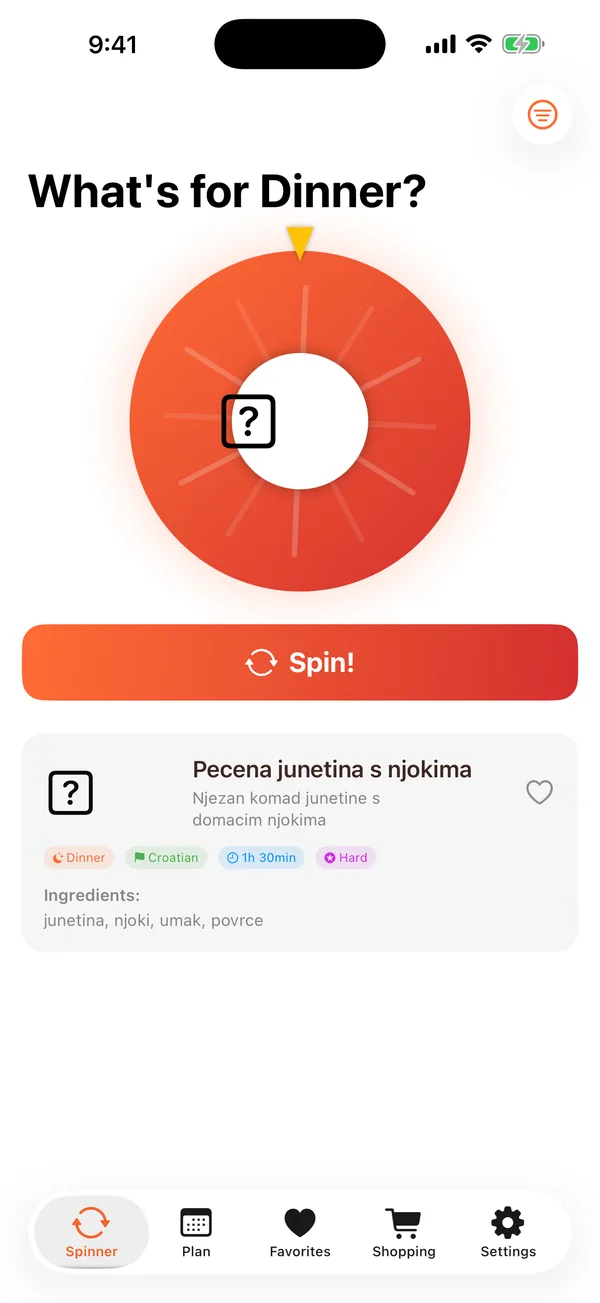 The meal wheel landing on a single dinner suggestion