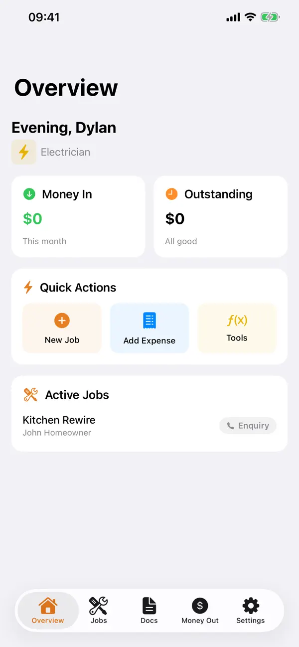 TradieAU iPhone screenshot showing the main workflow