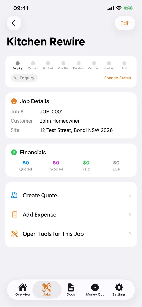 TradieAU screen for job and quote management