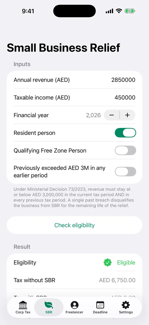 Corporate Tax estimate across the 0 percent and 9 percent bands in AED