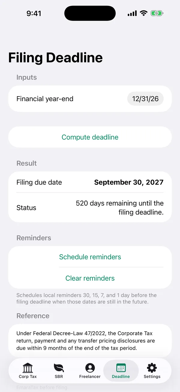 Filing and payment deadlines estimated from a financial year end