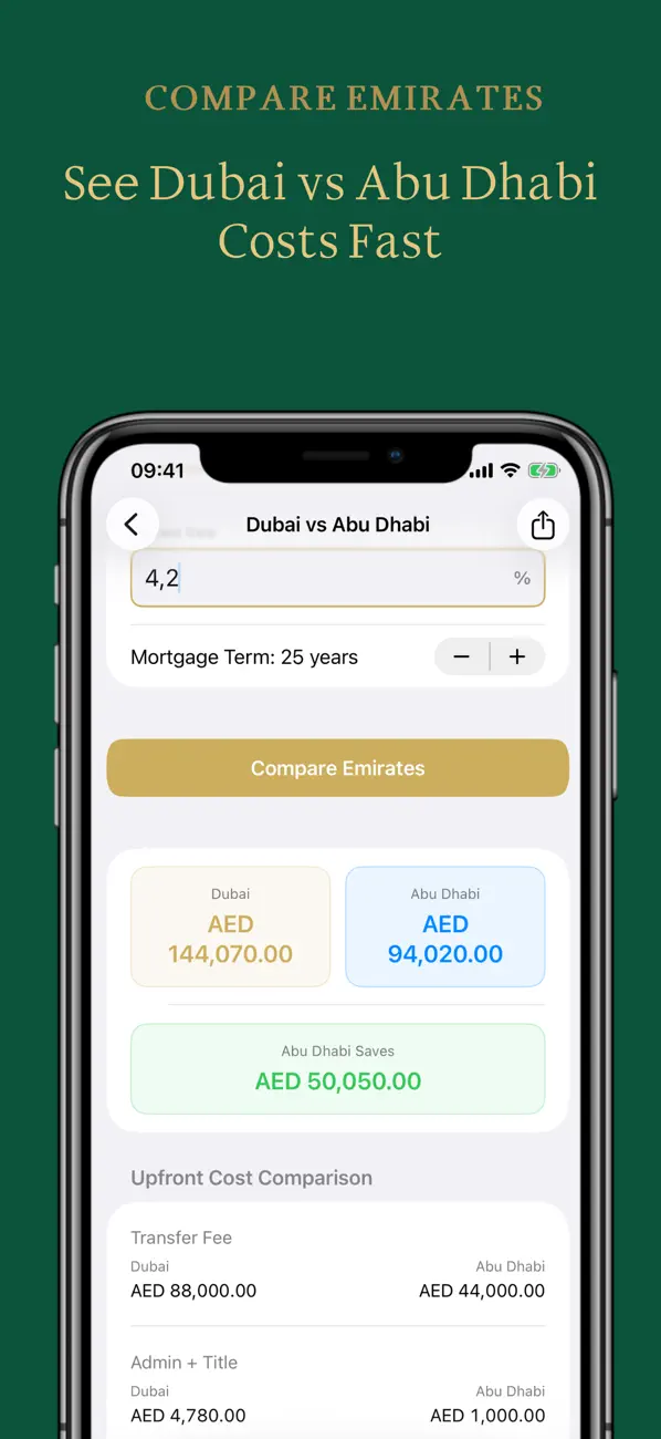 UAE Property Calculator comparison screen for Dubai and Abu Dhabi