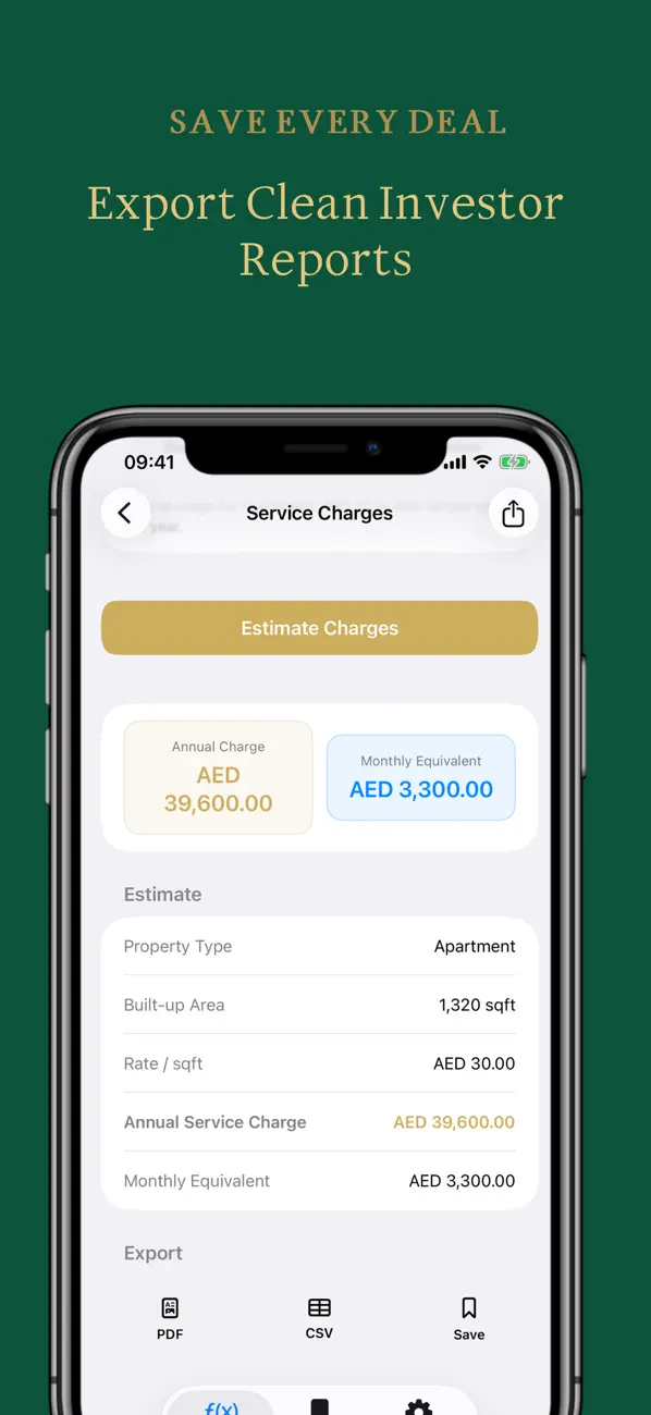 UAE Property Calculator saved reports screen