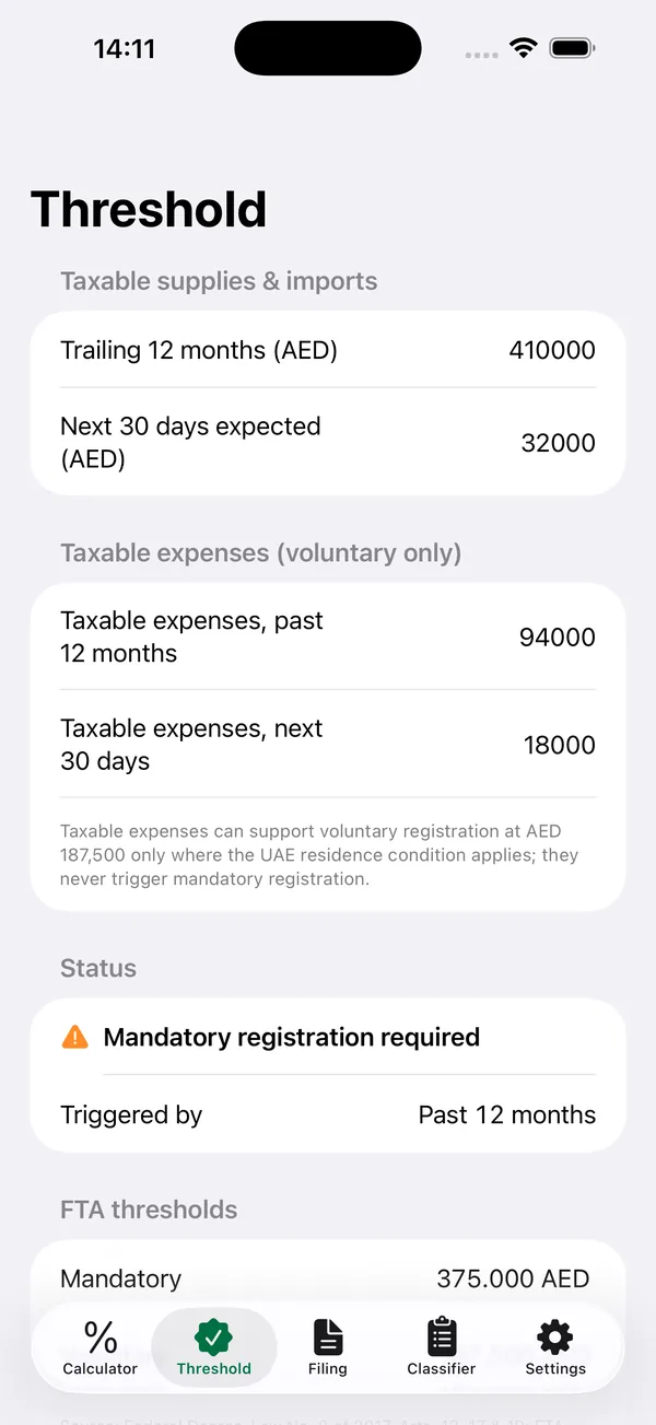 Registration threshold check against rolling 12-month taxable supplies