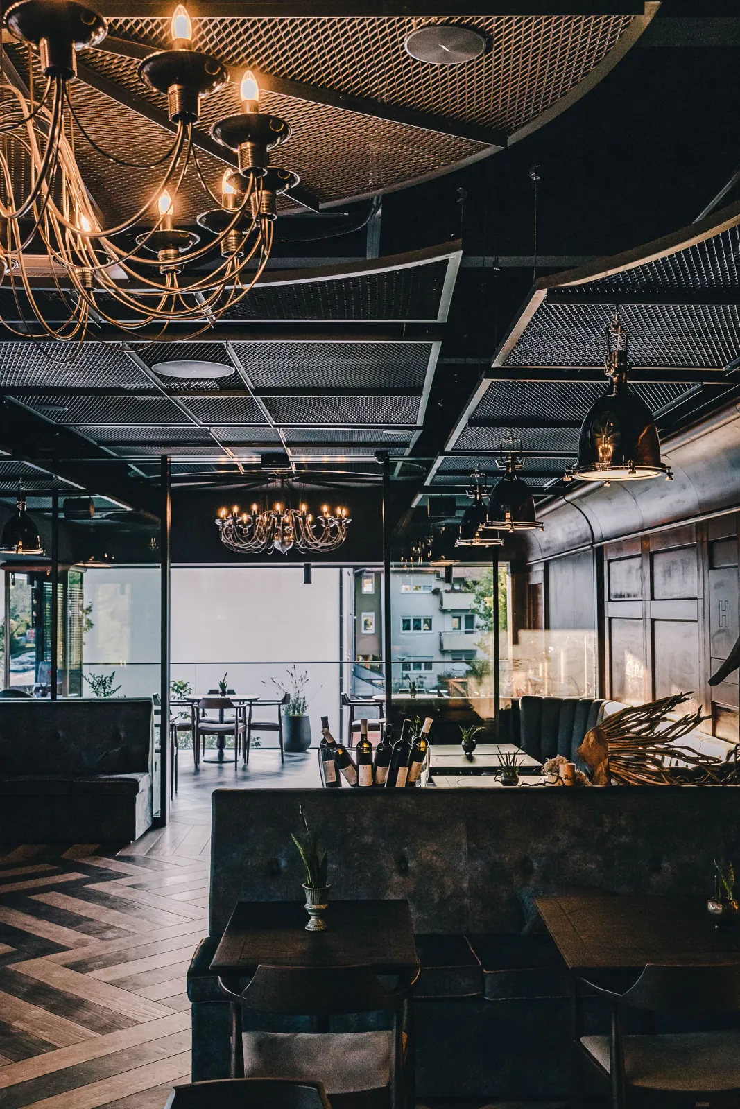 Restaurant interior with integrated audio system in a premium hospitality environment