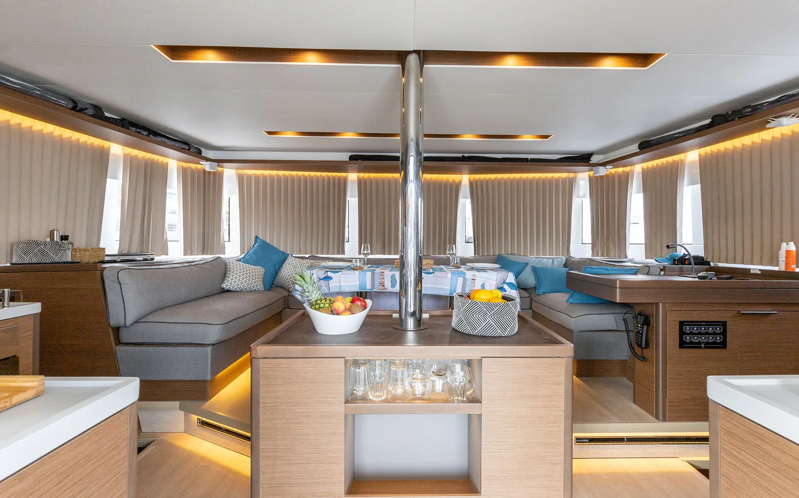 Premium catamaran saloon interior photographed as commercial product content